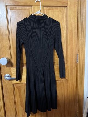 French Connection Black grey  Ribbed Long-Sleeve Knit Dress